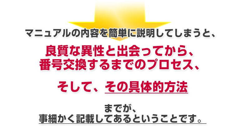 マニュアルの内容を簡単に説明してしまうと、 『良質な異性と出会ってから、番号交換するまでのプロセス、そして、その具体的方法』までが、事細かく記載してあるということです。